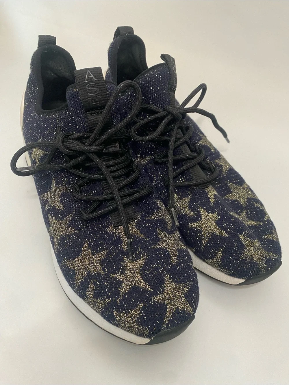 Ash Womens Blue Navy and Gold Jaguar Star Metallic Knit Platform Sneakers